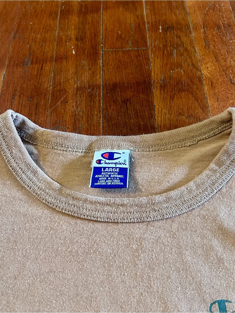 Vintage ‘90s Champion USA Essential Spellout Brown Tan Cotton Crewneck T-shirt L - Picture 4 of 7